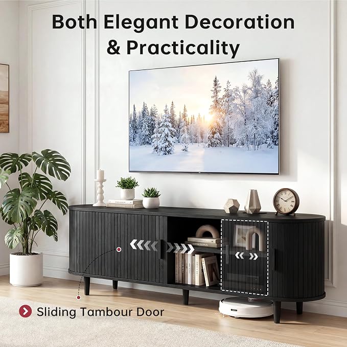 65" Mid Century Modern TV Stand, Wood TV Consoles with Sliding Doors and Power Outlet, Fluted Entertainment Center with Adjustable Shelves, Media Console for Living Room, Black