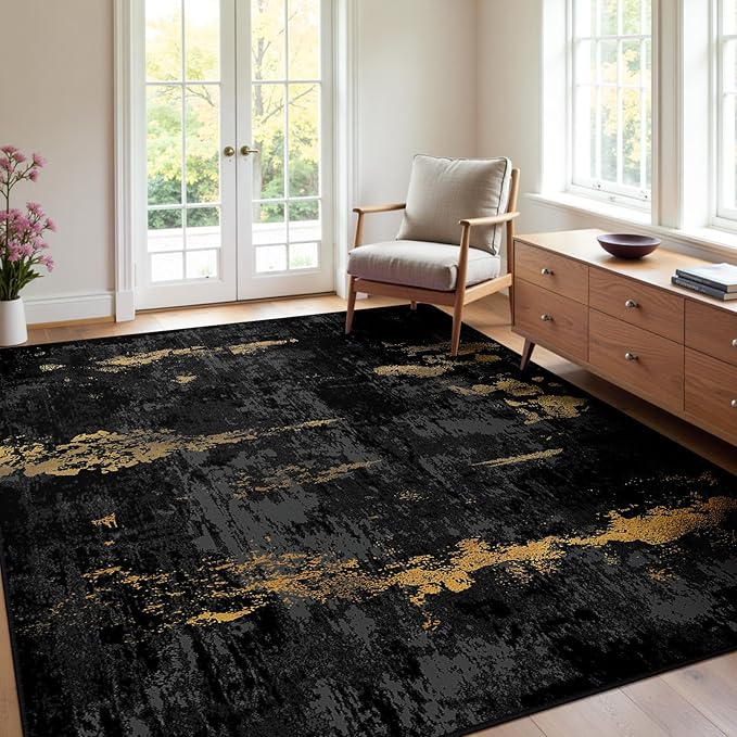 RELEANY Washable Area Rugs 4x5 Non-Slip Modern Abstract Soft for Living Room Entryway Bedroom Nursery, Print Pattern, Dark Black Gold