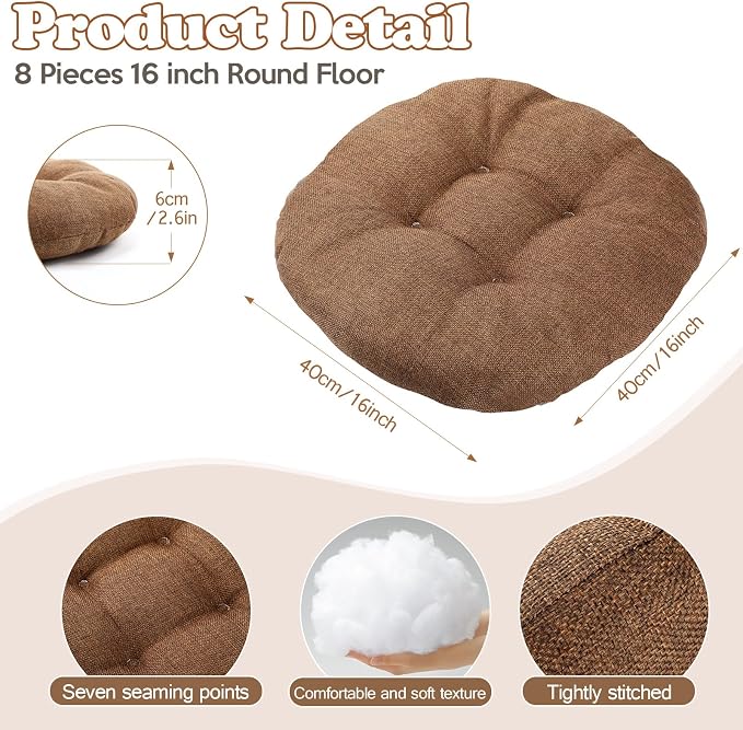 Fumete 8 Pcs 16 Inch Floor Cushions Pillow for Kids Bulk Classroom Round Flexible Seating Floor Cushions for Students Home Daycare School Reading Corner Yoga Meditation Picnic (Brown)
