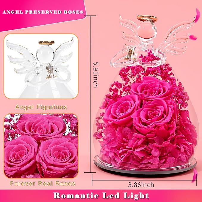Beferr Mothers Day Mom Birthday Gifts for Women, Fresh Flowers for Delivery Forever Preserved Rose in Glass Angel Figurine, Anniversary Christian Real Rose for Grandma Nana Wife Mum from Daughter Son