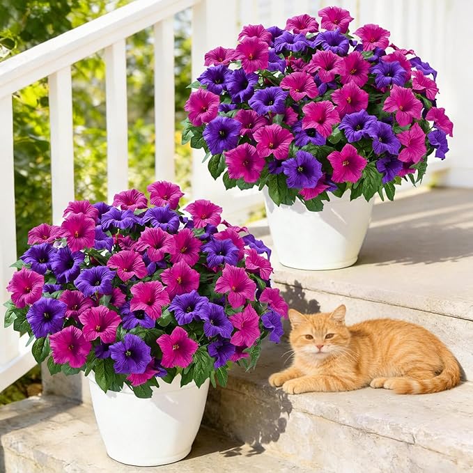 MARTINE MALL Artificial Flowers for Outdoors, 8 Bundles Realistic Fake Outdoor Flowers, UV Resistant Silk Petunia Flower for Outside Look Real Faux Flower Plant for Outdoor Porch Decor, Purple+Fuchsia