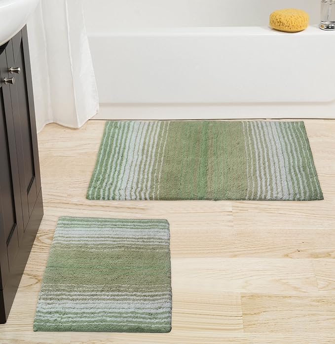 Home Weavers 100% Cotton Gradiation Collection Bathroom Décor | Washable Rug | Bathroom Mat | Kitchen Mat | Bathroom Rug Set | Bath Mat Set | Bath Floor Mat Non Slip, 2 Piece Set(S+M), Sage