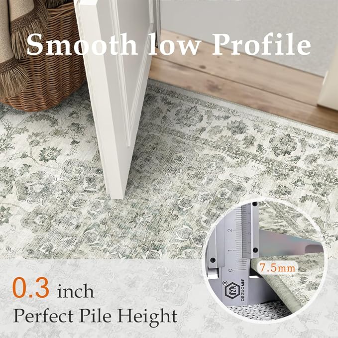 6x9 Washable Neutral Area Rug Green Vintage Living Room Bedroom Carpet Non-Slip Soft Low Pile Farmhouse Indoor Throw Rug for Dining Room Entryway Office