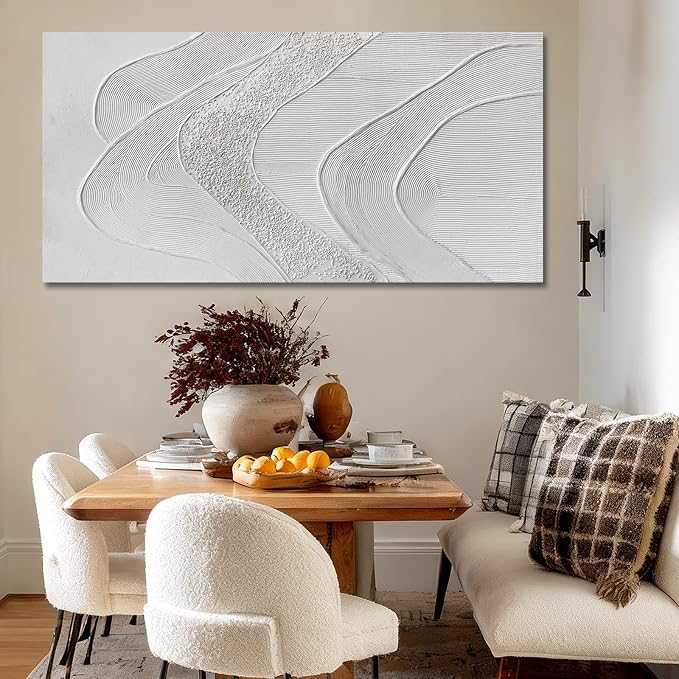 Minimalist White Abstract Wall Art, Hand Painted Textured Canvas in Neutral Beige and Cream Tones, Modern Gallery Wrapped Wall Decor for Living Room Bedroom Dinning Room, Ready to Hang, 24×48 Inch