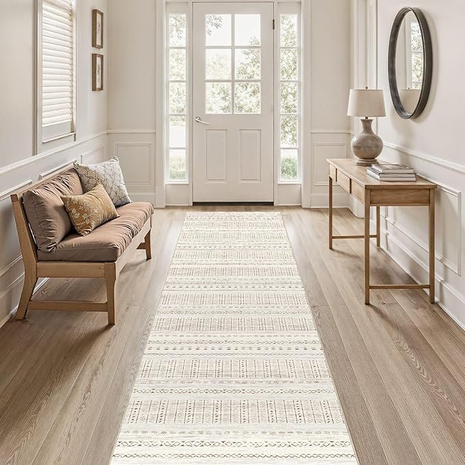 cotiled Hallway 2.6x8 Runner Rugs: Washable Boho Rugs with Non Slip Backing Large Soft Indoor Low Pile Carpet for Living Room Bedroom Farmhouse Dining Room Lightweight Home Decor Brown/Cream
