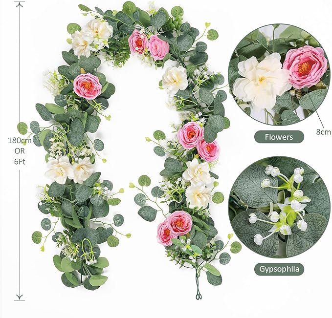 TOCHGREEN 4 Pack Artificial Eucalyptus Flower Garland with White Pink Roses, Fake Rose Flower Greenery Garland Floral Vines for Wedding Home Party Table Runner Decor (White Pink, 4PCS)