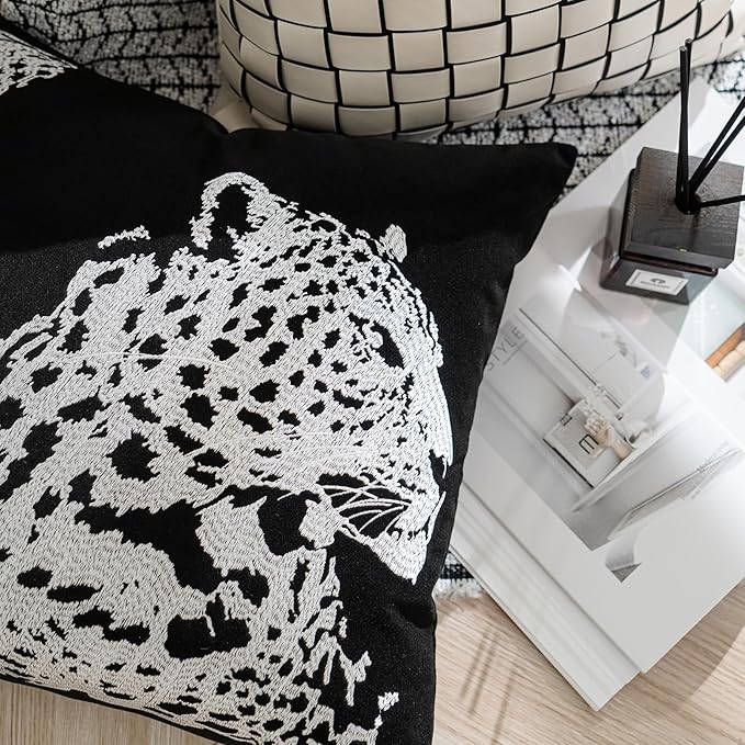 Croker Horse 20x20'' inches Throw Pillow Cushion Covers - Black Embroidery Leopard Cheetah Luxury Modern Style Couch Sofa Pillow Cover for Living Room Bedroom