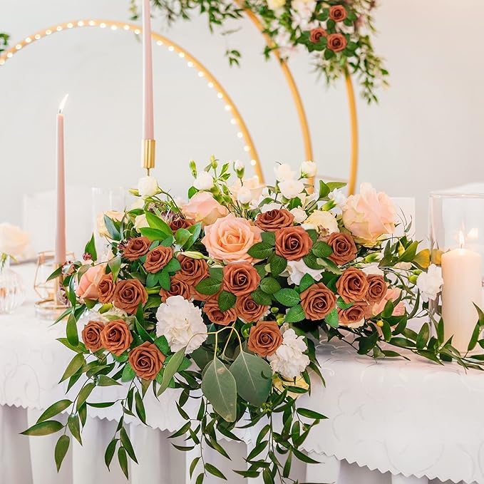 Mocoosy 50Pcs Burnt Orange Flowers Artificial Rose, Rust Fake Rose for Decoration, Real Touch Terracotta Foam Roses with Stems Wedding Bridal Shower Mother's Day Floral Arrangement Party Home Decor