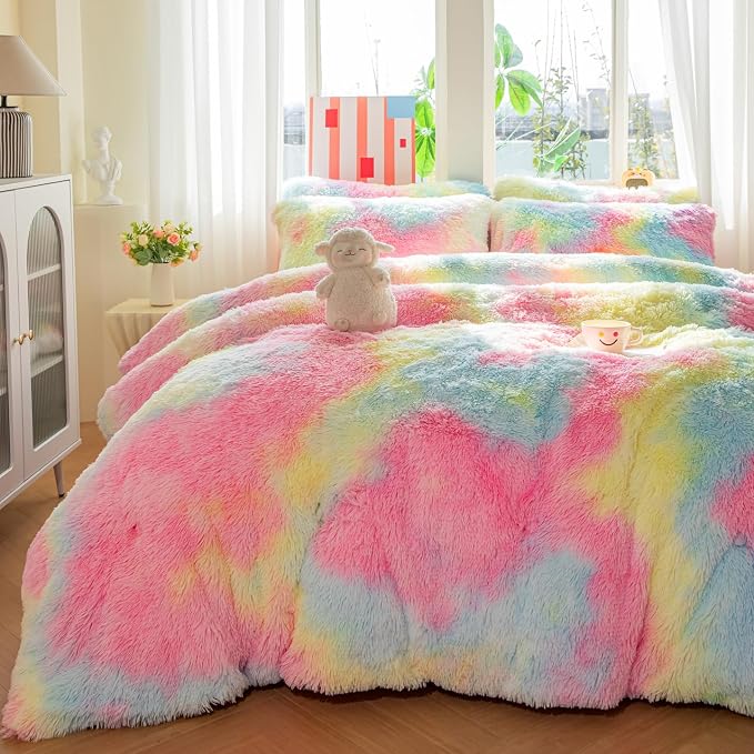 chovy Faux Fur Plush Tie-Dyed Pink Comforter Sets Twin/Full Size - Ultra Soft Shaggy Flannel Velvet Fluffy Fuzzy 3PC Bedding Set （Comforter x 1 Pillowcases x 2）