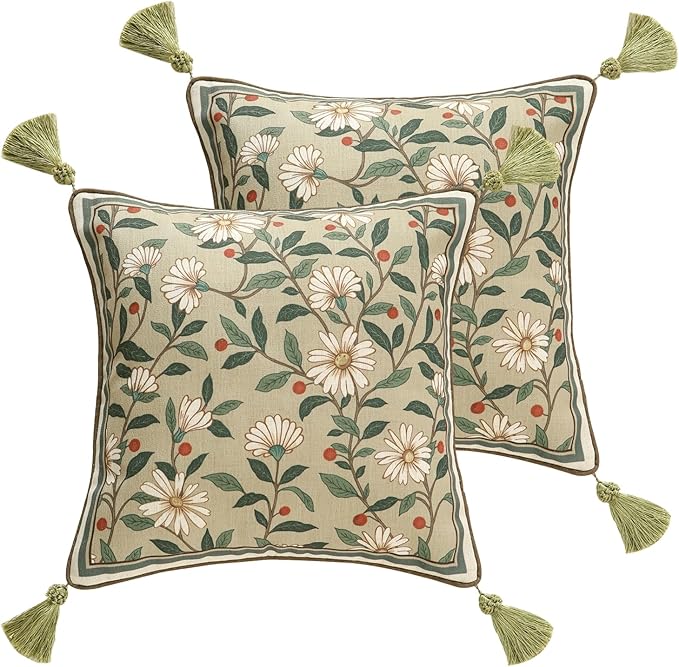 ISAENNE Designer Linen Square Throw Pillow Cover,Set of 2,18"x18"-Brune A | Vintage French Elegant Pillow Cover,Concealed Zipper Design,Floral Pattern,Sofa,Bedroom,Living Room,Lounge Chairs