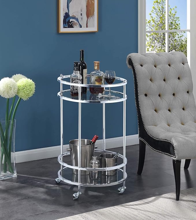 Convenience Concepts Royal Crest Bar Cart With Wheels, Clear Glass / Chrome Frame