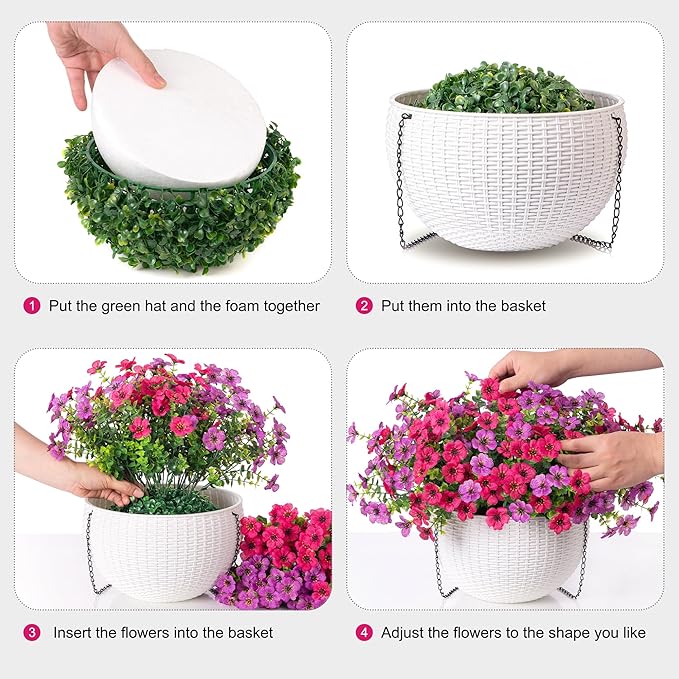 HyeFlora Artificial Fake Hanging Flowers Plants Basket for Outdoor Outside Decoration, Faux Silk UV Resistant Realistic Colorful Daisy in Planter for Porch Patio Garden Yard Home