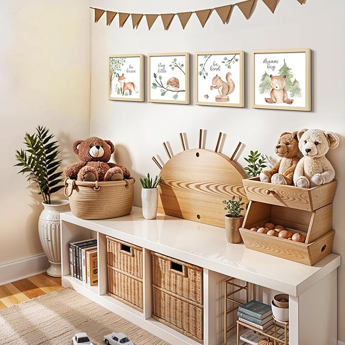 ArtbyHannah Framed Woodland Nursery Wall Decor, 4 Pack Gallery Wall Frame Set Forest Animal Safari Wall Art Prints for Baby Kids Playroom Room Decoration, Cute Artwork Frame 10x10 Inch