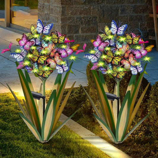 Solar Metal Agave Butterfly Flower Stick Garden Sculpture - Outdoor Christmas Lights With Swaying Butterfly - Solar Powered Gift (2 PCS Light Green)