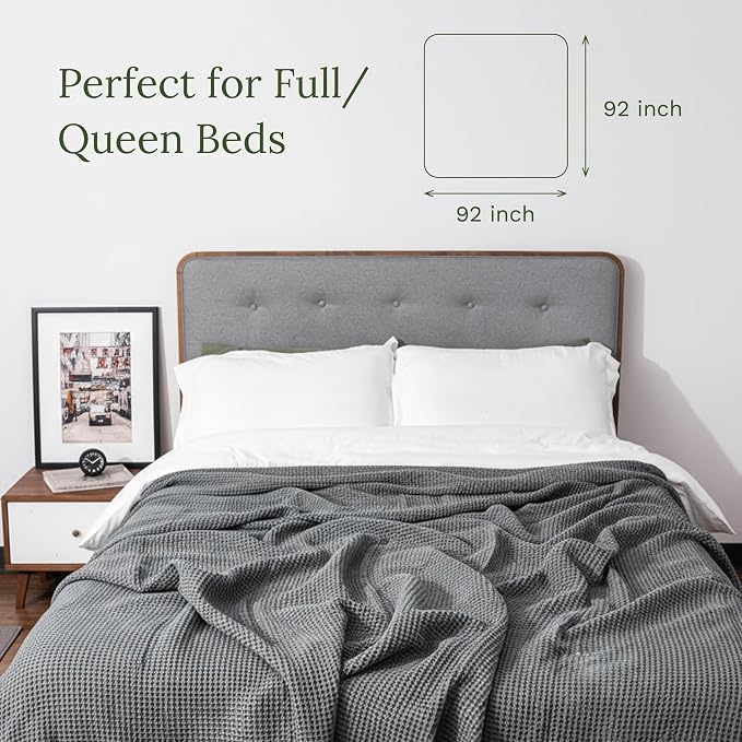 Organic Cotton Waffle Queen Bed Blankets - Premium Quality Gray Queen Cotton Blanket - 100% Organic Cotton, Breathable, Plush Cotton Waffle Knit Blanket - 92”x92” (Gray)