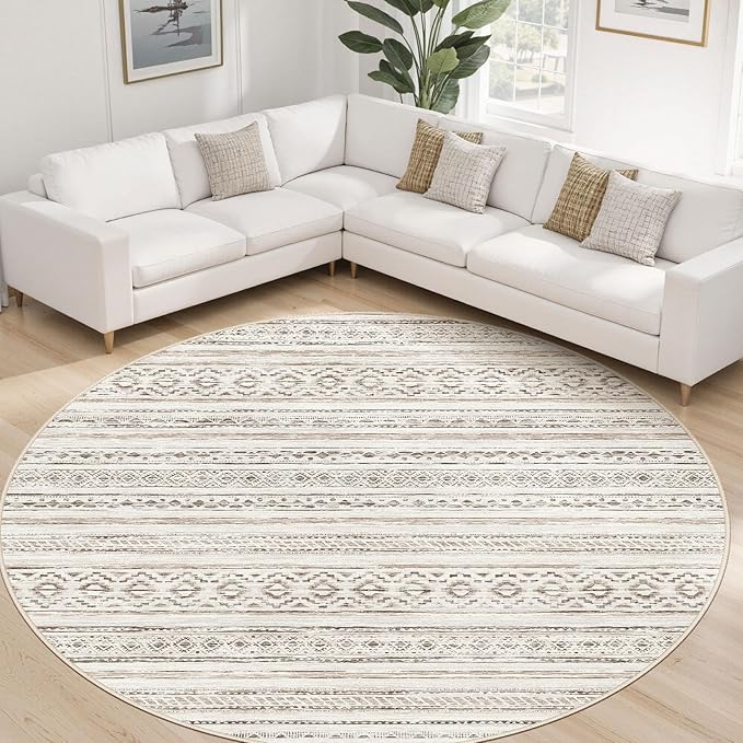 cotiled 8x8 Round Area Rug Living Room: Washable Boho Rugs with Non Slip Backing Large Soft Indoor Stain Resistant Carpet for Bedroom Farmhouse Dining Room Lightweight Home Decor Cream Brown