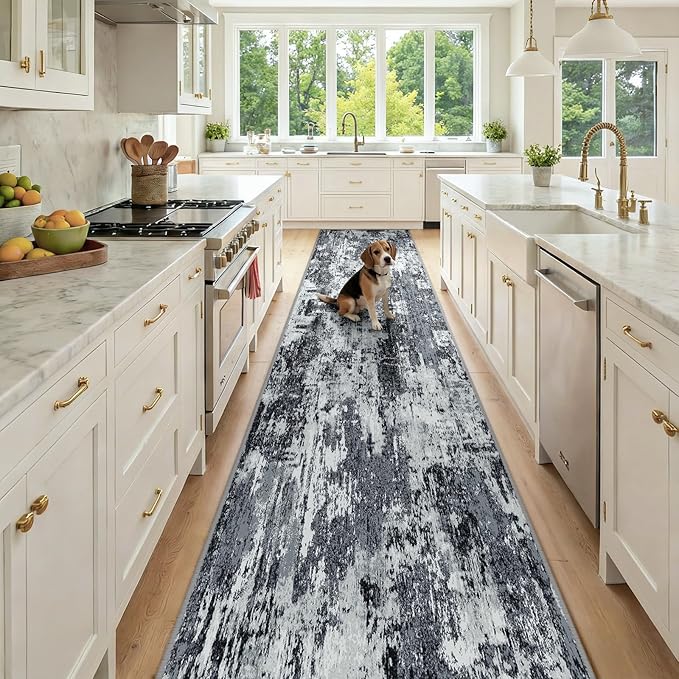 RELEANY Washable Area Rugs 2'6'' x12 Non-Slip Modern Abstract Soft for Living Room Entryway Bedroom Nursery, Print Pattern, Black Navy Blue Gray