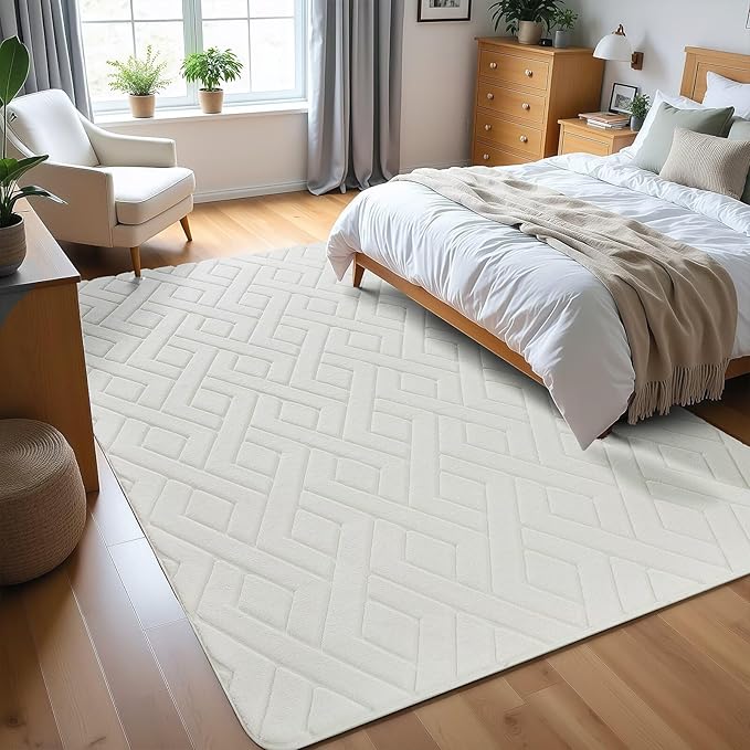 Macgace Ultra Soft Cream White Area Rug for Living Room, 5x7 Modern Geometric Shag Rugs with Nonslip Backing for Bedroom, Washable Fuzzy Carpet for Cozy Kids Girls Room Nursery