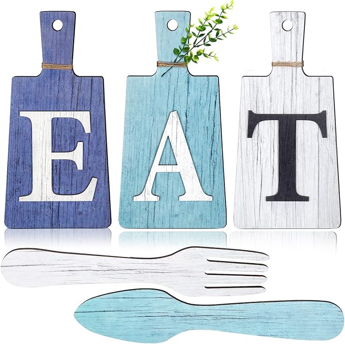 Jetec Cutting Board Eat Sign Set Hanging Art Kitchen Eat Sign Farmhouse Fork and Spoon Wall Decor Rustic Primitive Country Kitchen Decor for Home over Cabinet Decoration(Dark Blue, Light Blue, White)