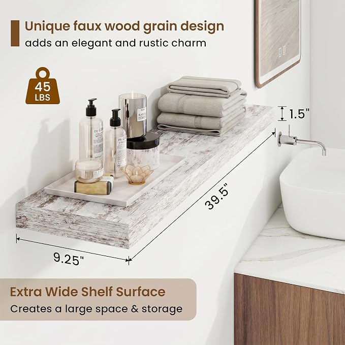 40in Floating Shelves for Wall, 40"W x 9.25"D x 1.25"H, 2 Pack Long Wall Mounted Engineered Wood Shelves with Invisible Brackets for Living Room, Bedroom, Bathroom, Kitchen, Vintage White