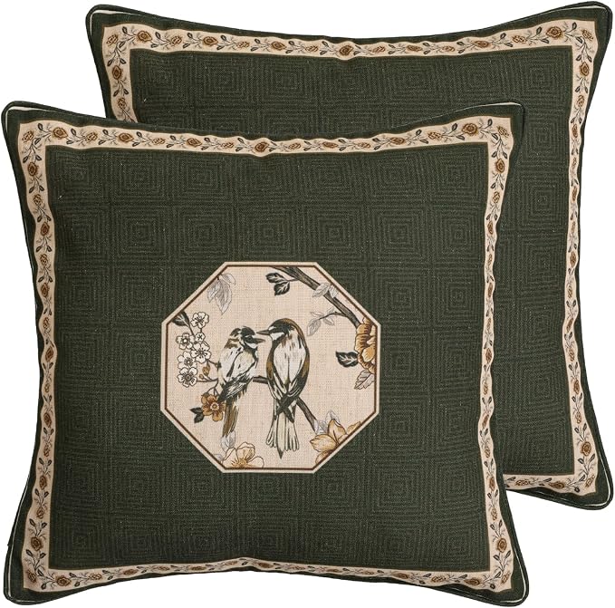 ISAENNE Vintage Linen Square Throw Pillow Cover,Set of 2,18"x18"-Murad E | Designer French Green Pillow Cover,Concealed Zipper Design,Floral and Bird Pattern,Sofa,Bedroom,Living Room,Lounge Chairs