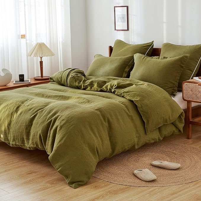 100% French Linen Pillow Shams Basic Style - Pack of 2 - Washed Solid Color Natural Flax Soft Breathable - Olive, 20'' x 26''