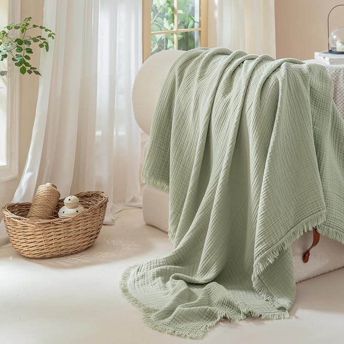Muslin Fringe Blankets for Adults: 100% Cotton Cloud Soft | 4-Layer Gauze Breathable Lightweight All Season Throw Blanket for Bed Couch Sofa Office