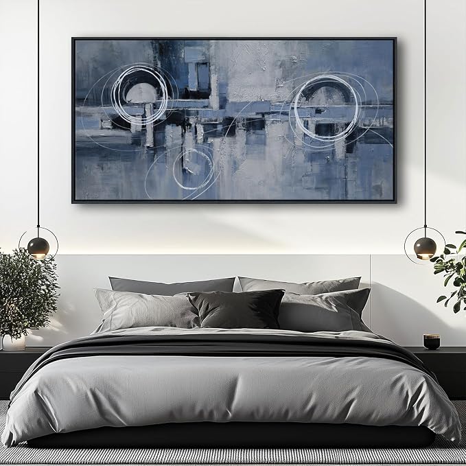 YDYSUNE Extra Large Framed Abstract Wall Decor for Living Room Blue and White Canvas picture Minimalist Wall art Modern Artwork Painting for Bedroom,Office Decoration 29×58inch