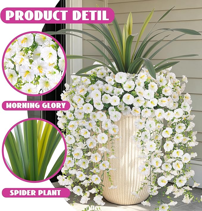 8 Bundles Fake Artificial Morning Glory Flowers for Outdoors+Ochid Faux Greenery Plants UV Resistant Weatherproof for Indoor Outdoor Garden Patio Window Box Home Decor