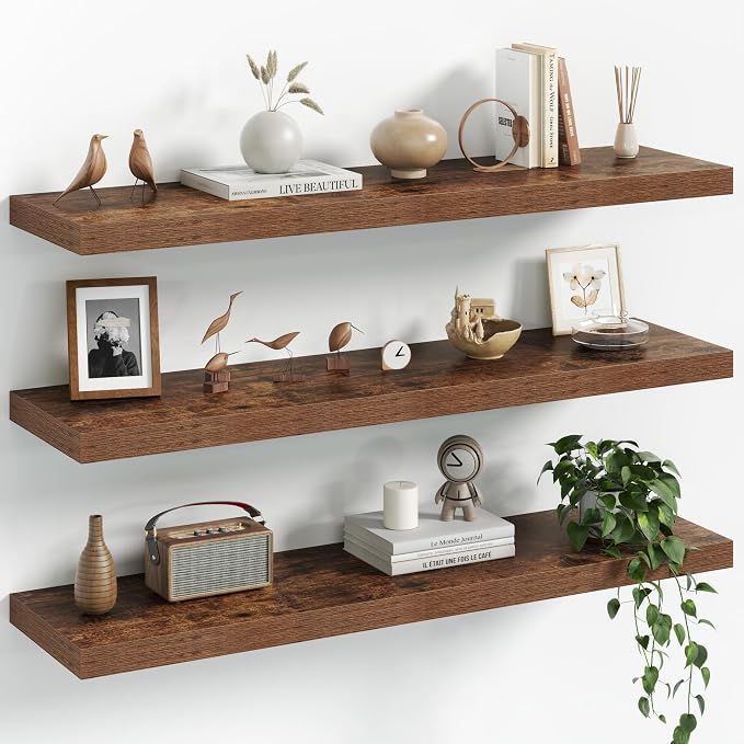 Fun Memories 36Inch Floating Shelves for Wall, 8 Inch Deep Shelves for Bathroom|Bedroom|Kitchen, Large Wall Mounted Wood Hanging Shelf with Invisible Brackets for Home Storage Decor, Brown - 3 Pack