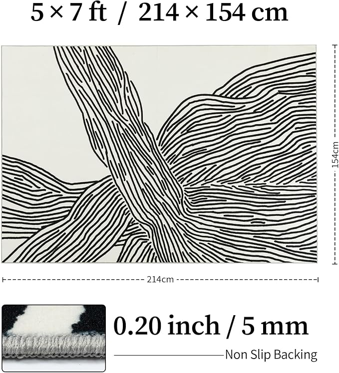 YIHOUSE 5×7Ft Area Rugs, Abstract Washable Rug, Modern Black and White Rug for Bedroom Living Room Dining Room Office Playroom Nursery, Nonslip Throw Non-Shedding Thin Contemporary Striped Rugs | Soft low-pile modern striped 5x7 rug with non-slip backi...