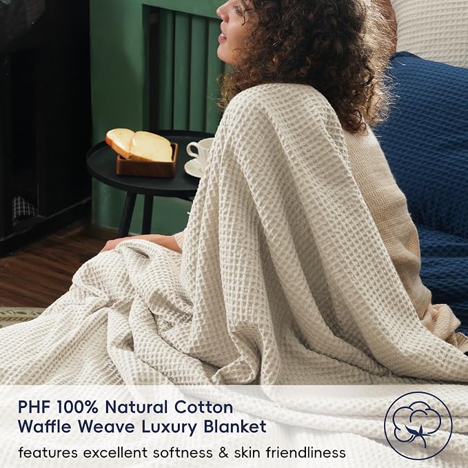 PHF 100% Cotton Waffle Weave Family Blanket Oversized King 120"*120",Pre-Washed Lightweight Breathable for Spring Summer,Machine Washable,10'x 10' Huge Extra Large Big,Home Decoration Gift-Linen/Stone