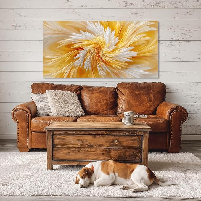 Ggaafet Yellow Abstract Wall Art for Living Room Canvas Painting Prints Warm Soft Radial Feather Art Deco Modern Artwork Office Bedroom Family Room Decor Large