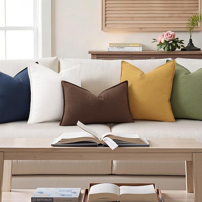 decorUhome Summer Decorative Linen Throw Pillow Covers 12x20 Inch Set of 2 Chocolate Lumbar Pillow Covers with Flange Edges Soft Farmhouse Boho Accent Pillow Cases for Couch Bed Living Room