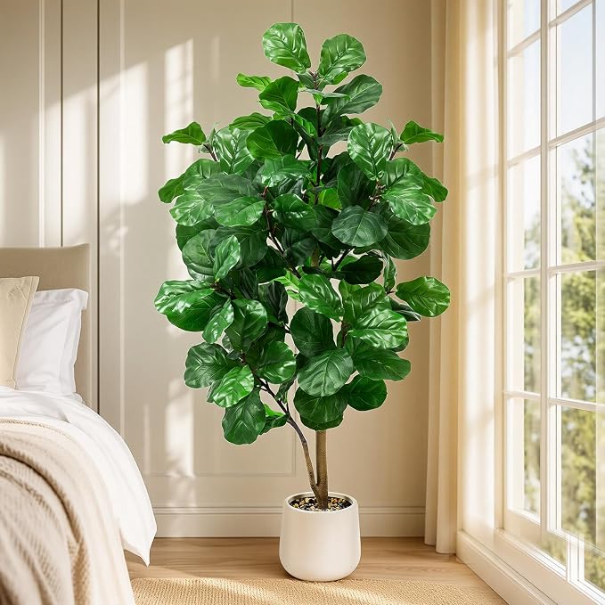 Faux Fiddle Leaf Fig Tree 6ft Tall Indoor Fake Tree in White Pot with 106 Leaves Artificial Ficus Lyrata House Plant for Indoor Home Office Bedroom Living Room Decor Perfect Housewarming Gift