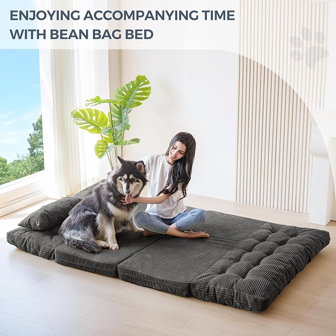 MAXYOYO Folding Sofa Bed, Tufted Bean Bag Bed with Pillows Floor Couch for Adults, Extra Thick and Long Floor Sofa, Full Couch for Bedroom Living Room, Dark Grey, 54x91 Inch