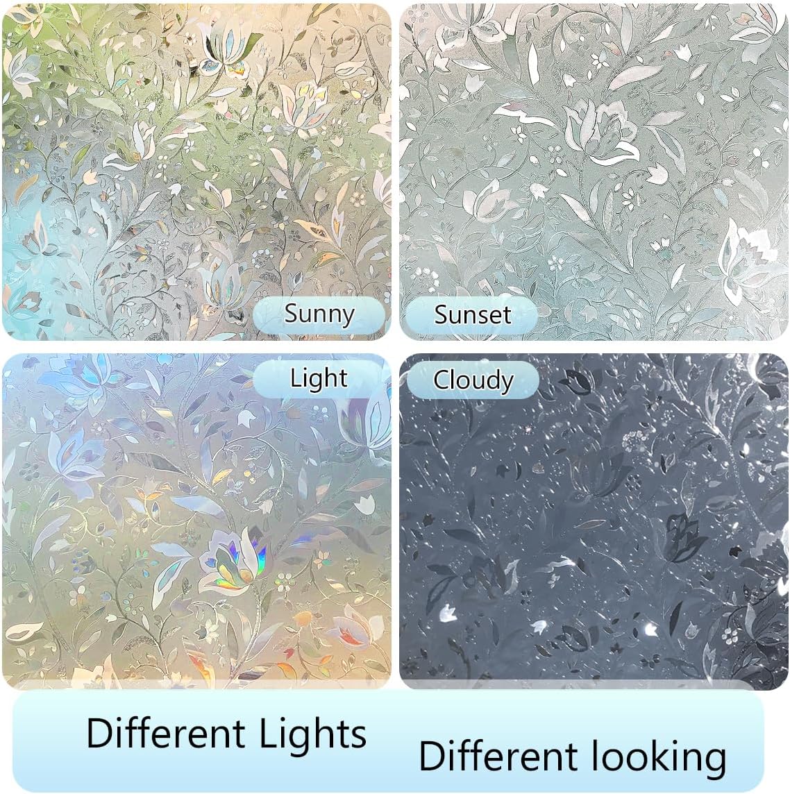 HIDBEA Window Privacy Film, 3D Stained Glass Static Cling - Sun Blocking Anti-UV Heat Control, Reusable Decorative Film for Home/Office Doors, Rainbow Tulip Design (35.4 in x 78.7 in)