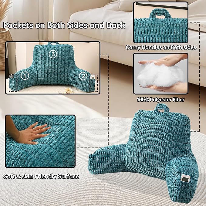 Large Reading Pillow for Sitting Up with Arms,Olive Corduroy | Back Pillow for Adults Backrest,19" Sitting Pillow Supports Reading,Gaming & Relaxing in Bed,Couch,Floor Corners