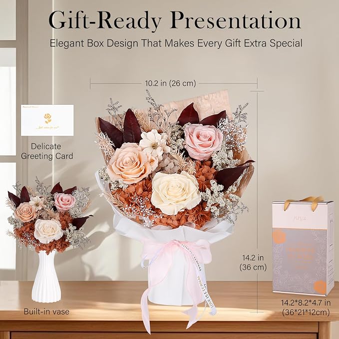 Preserved Bouquet of Flowers - Forever Flowers for Delivery, Real Eternal Roses, Mothers Day Gifts for Mom Grandma Wife, Anniversary Birthday Gifts for Women, Champagne