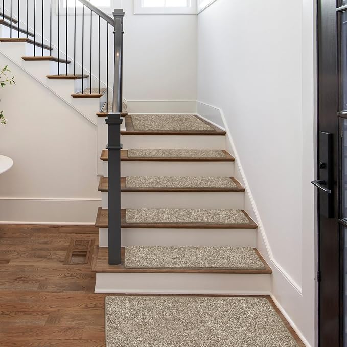 PURE ERA Carpet Stair Treads Tape Free Non Slip Indoor Stair Carpet Stair Protectors Pet-Friendly Non-Slip Skid Resistant Washable Reusable 8" x 30"(7 Pieces,Cream Gray)
