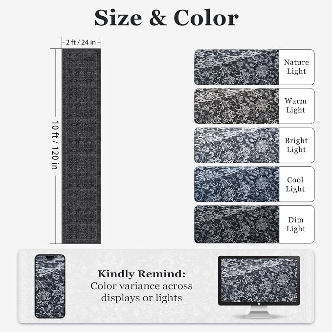 Dark 2x10 Rug Runners for Hallways Non Slip, Long Kitchen Runner Rugs Non Skid Washable, Vintage Famrhouse Low Pile Thin Carpet Runners for Entryway Corridor Mudroom Foyer, Midnight