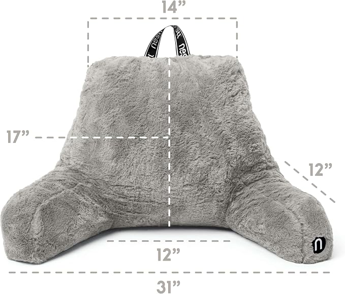 Nestl Fur Reading Pillow, Stylish Back Pillow for Bed Sitting Up, Faux Fur Bed Chair Pillow with Arms, Reading Pillows for Sitting in Bed Adult & Kids, Sit Up Back Support Pillow for Bed Rest - Grey