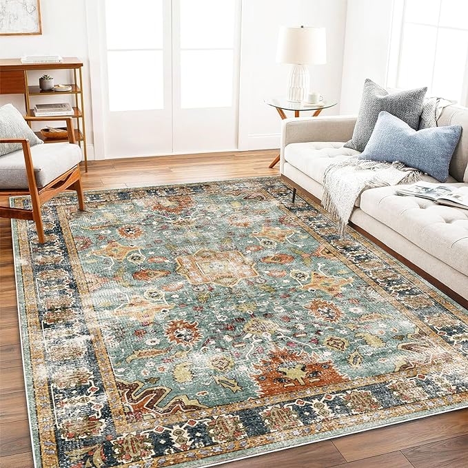 CHAMPLANT Area Rug 9'x12' Washable Vintage Traditional Mat Distressed Indoor Foldable Thin Retro Accent Floral Print Non Slip Carpet for Living Room Dining Room Office
