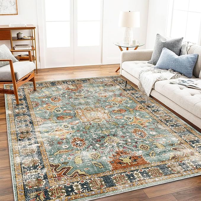CHAMPLANT Area Rug 10'x14' Washable Vintage Traditional Mat Distressed Indoor Foldable Thin Retro Accent Floral Print Non Slip Carpet for Living Room Dining Room Office