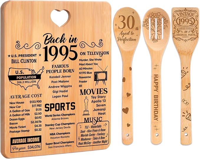 30th Birthday Gifts for Women - "Back in 1995" 30th Birthday Gifts for Men Cutting Board, Bamboo-Made Engraved "Year 1995 News" 30th Birthday Gifts