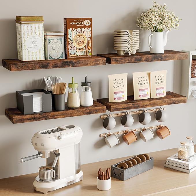 Fixwal Wood Floating Shelves, Wall Shelves Set of 4, Shelves for Wall Decor, with Invisible Brackets for Bathroom, Living Room,Bedroom and Kitchen(Rustic Brown) | Wall Shelves, for Bathroom, Living Room, Bedroom, Kitchen