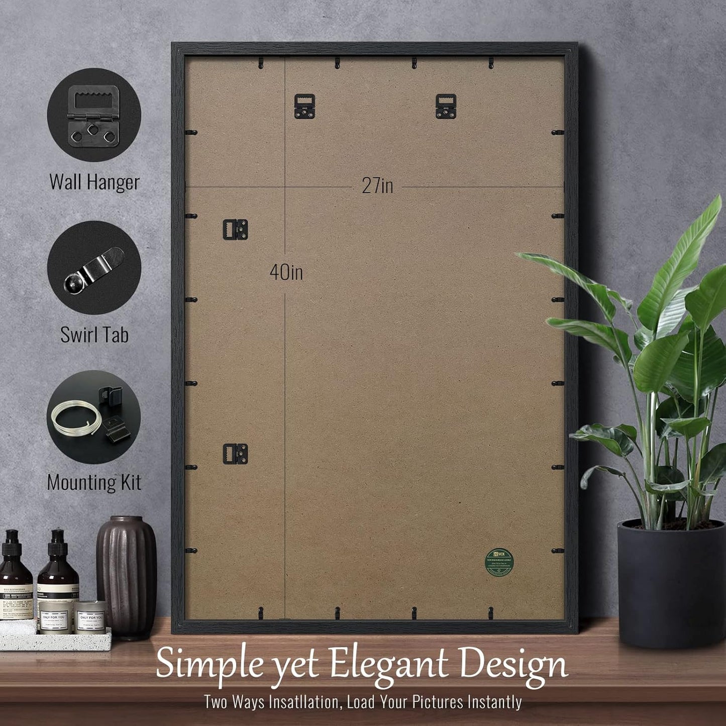 VCK 27x40 Solid Wood Poster Frames Set of 3, Exclusive Woodgrain Black Picture Frame, Wall Mounting Hanging