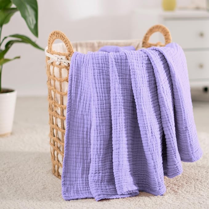 Carriediosa 100% Cotton Muslin Throw Blanket 90" X 90" Queen Size，4-Layers Summer Gauze Throws for Bed Couch，Soft Lightweight Breathable Linen Blankets Bedspread for Adults All Season，Light Purple