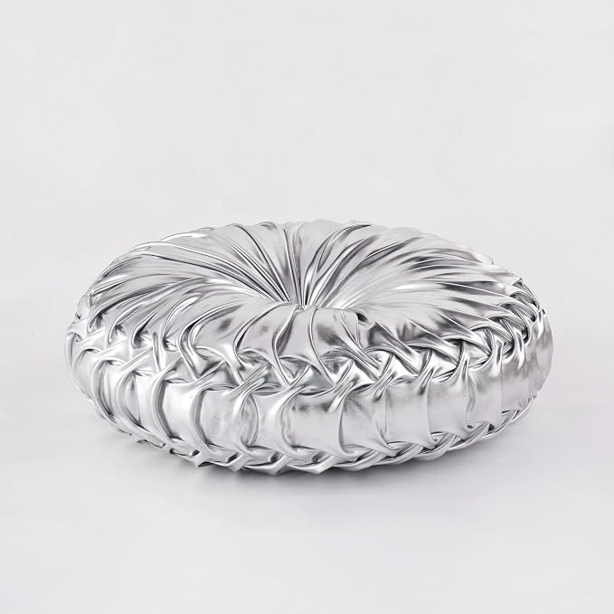 HIG Set of 2 Handcrafted Silver Ruched Round Throw Pillows – 14.5’’ Metallic Leather Decorative Pillows with Soft Polyester Filling for Couch, Bed, Living Room, Bedroom, or Dorm