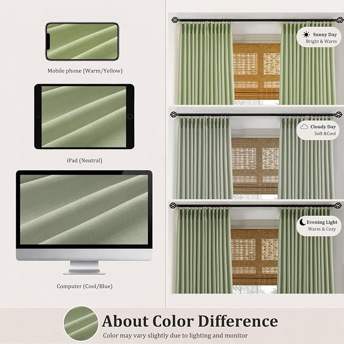Pinch Pleated Linen Curtains 102 Inch, 2 Panels Premium 400GSM Memory Trained Semi Sheer Light Filtering Window Drapes for Living Room Bedroom Dining, Back Tab & Adjustable Hooks Rings , Sage Green